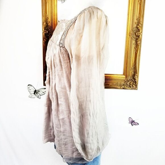 Boho tan silky gauze and lace blouse - Picture 3 of 5
